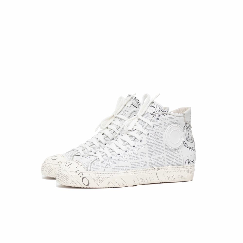 John Galliano Gazette Newspaper White Leather High-Top Sneakers EU43.5 US 10.5